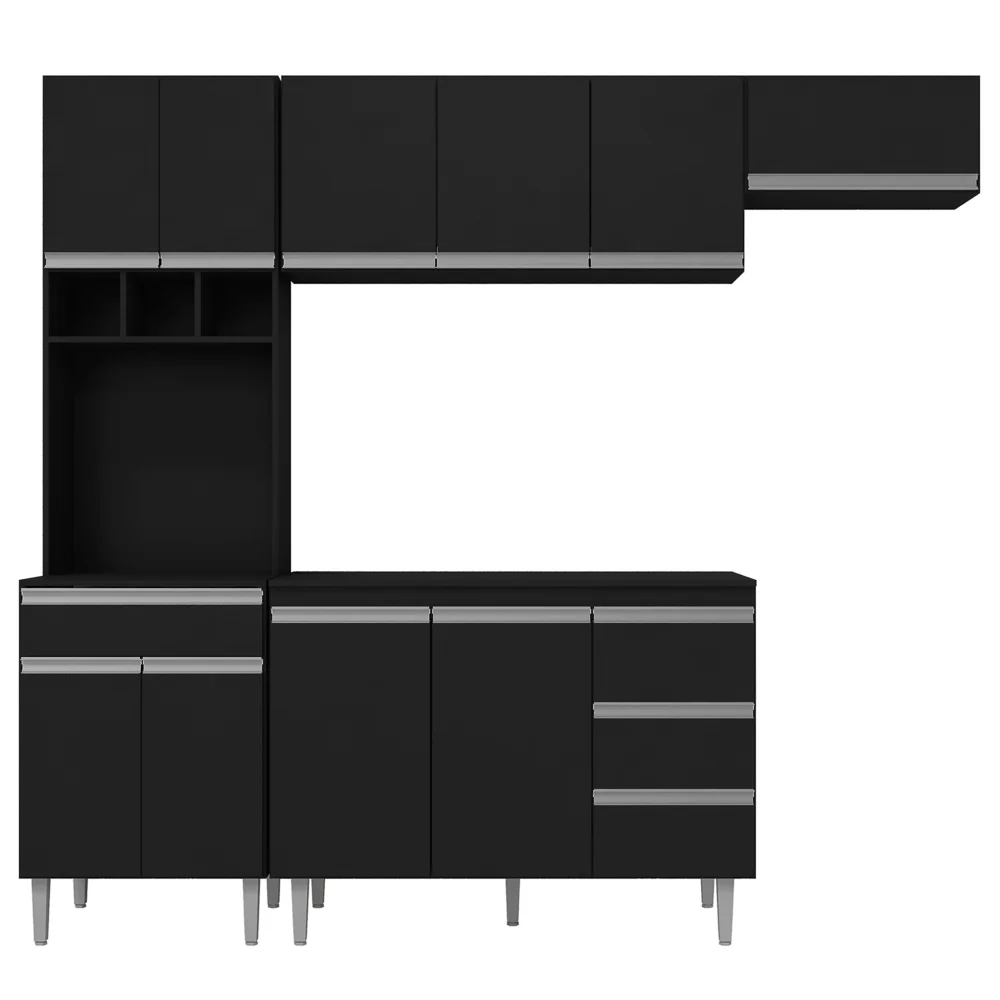 Cozinha Modulada 5 Peças com Tampo 241cm 10 Portas 4 Gavetas Andréia Preto - AJL Móveis