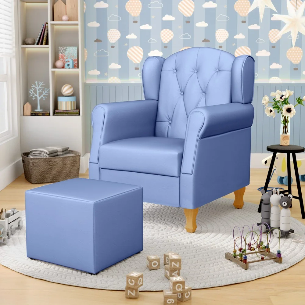 Poltrona de Amamentação Pés Madeira e Puff Lucy Z39  Sintético Azul - Mpozenato