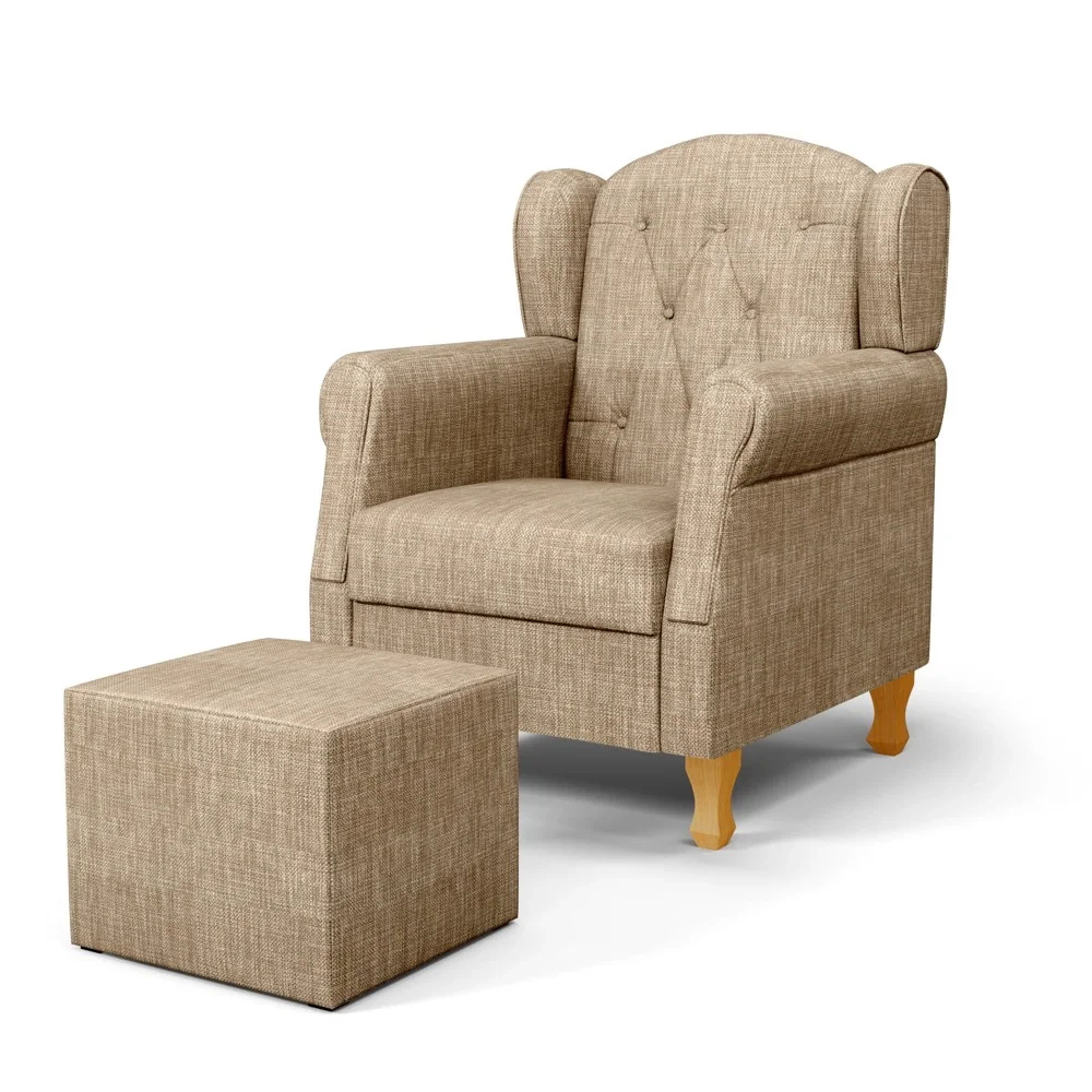 Poltrona de Amamentação Pés Madeira e Puff Lucy Z39  Linho Bege Escuro - Mpozenato