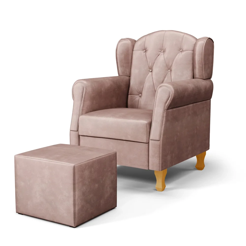 Poltrona de Amamentação Pés Madeira e Puff Lucy Z39  Veludo Rosê - Mpozenato