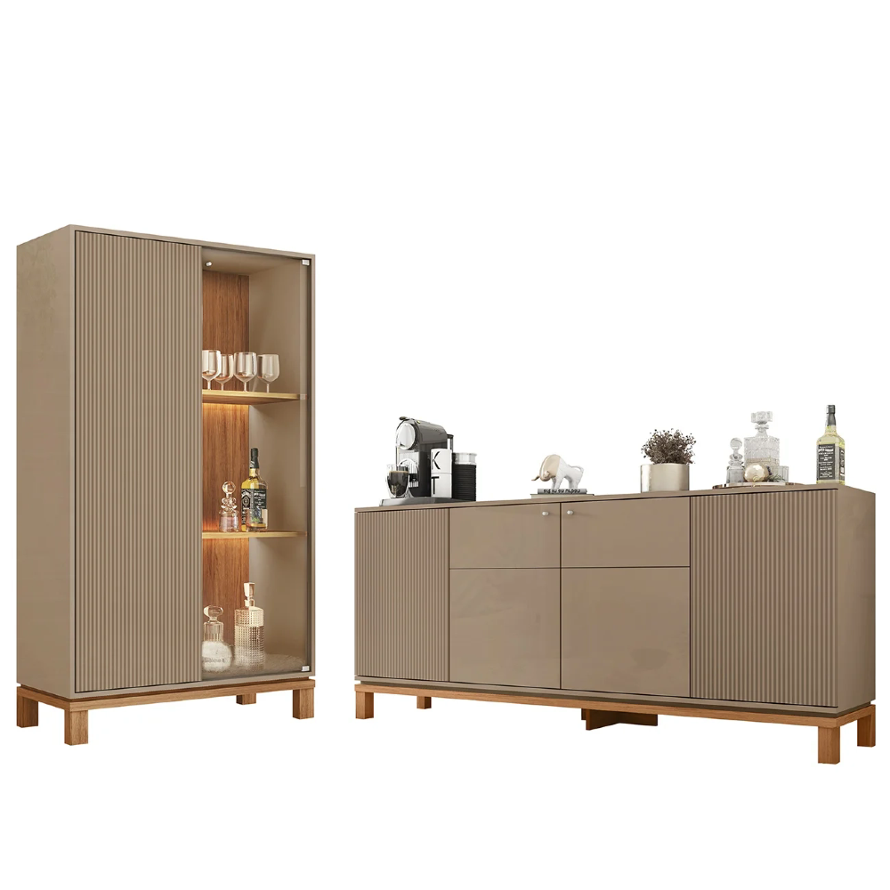 Buffet Aparador e Cristaleira com LED Lucca Areia/Freijó C01 - Mpozenato