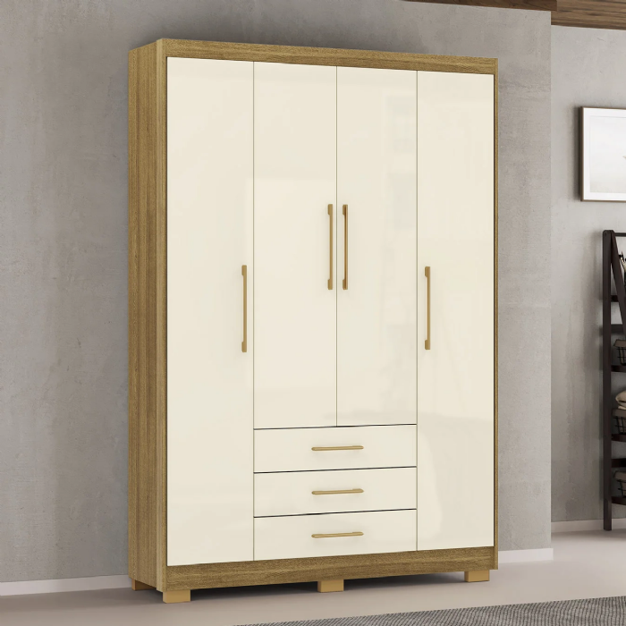 Guarda Roupa Solteiro 150cm 4 Portas Espanha Nature/Champanhe - Vila Rica