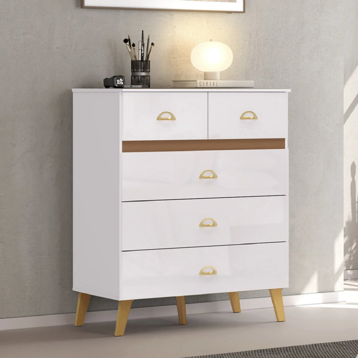 Cômoda Para Quarto 91cm 5 Gavetas Ibiza Flex Branco/Camarim - Vila Rica