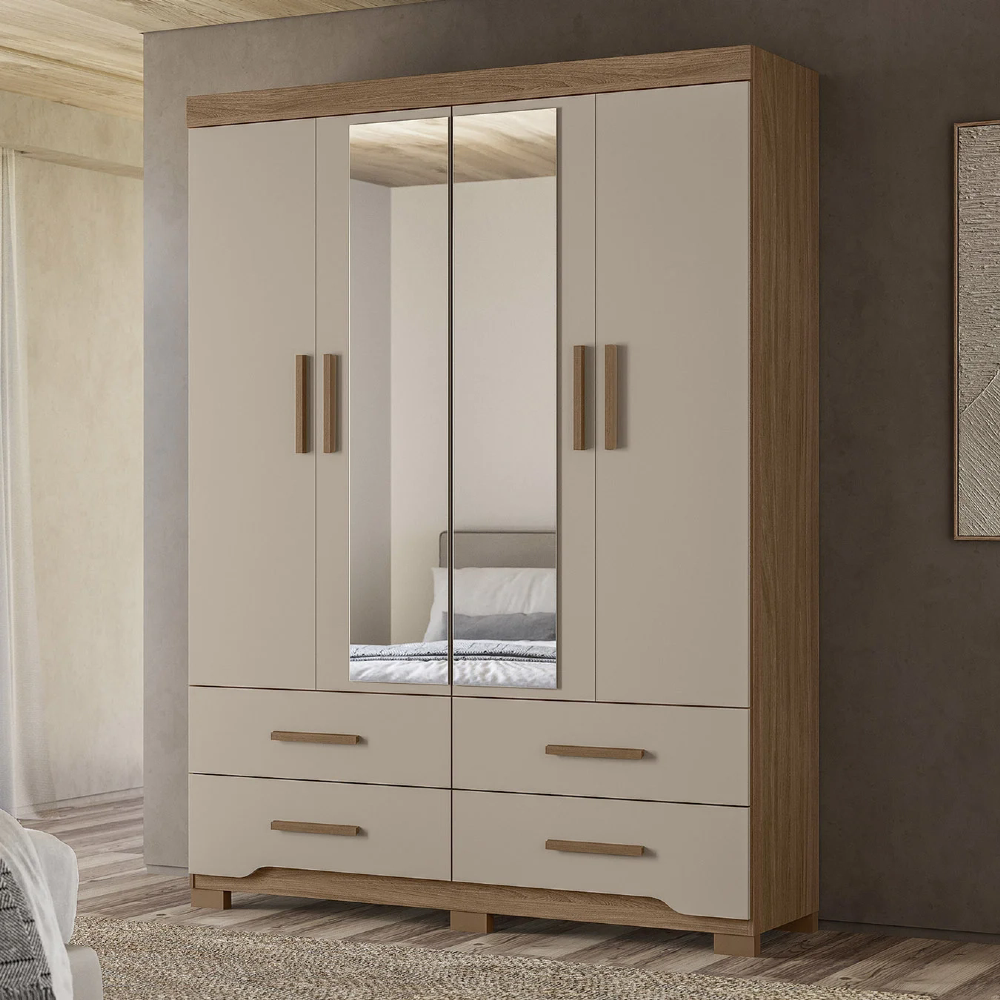 Guarda Roupa Casal 160cm Com Espelho Cancum Carvalho/Fendi Z17 - Mpozenato