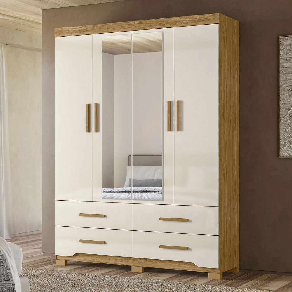 Guarda Roupa Casal 160cm Com Espelho Cancum Freijó/Off Z17   - Mpozenato