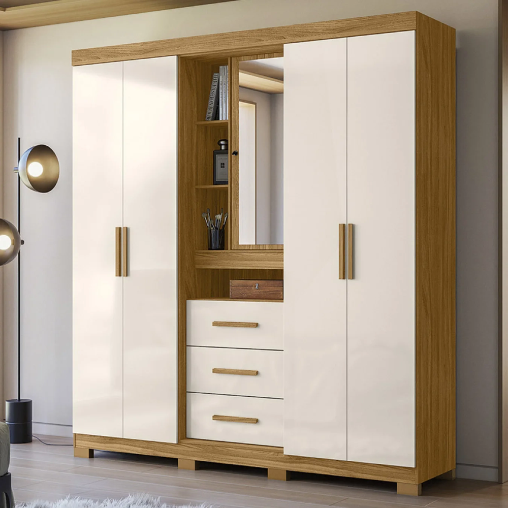 Guarda Roupa Casal 195cm Com Espelho Cieza Freijó/Off Z17    - Mpozenato