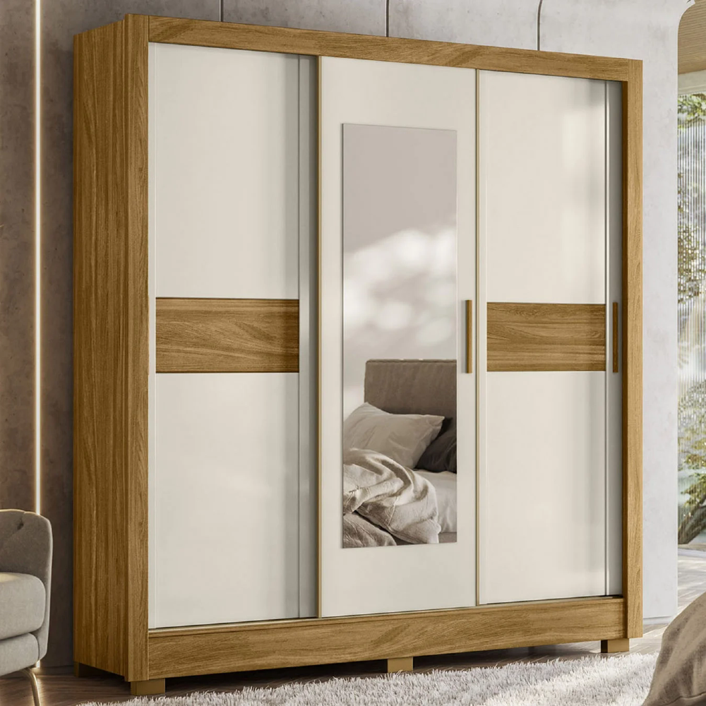 Guarda Roupa Casal 202cm Com Espelho Arden Freijó/Off Z17    - Mpozenato