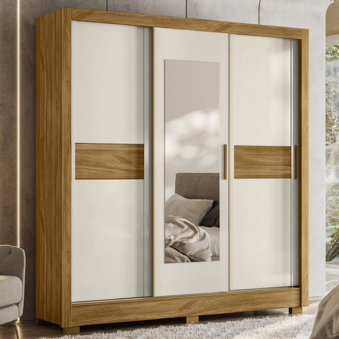 Guarda Roupa Casal 202cm Com Espelho Arden Freijó/Off Z17    - Mpozenato