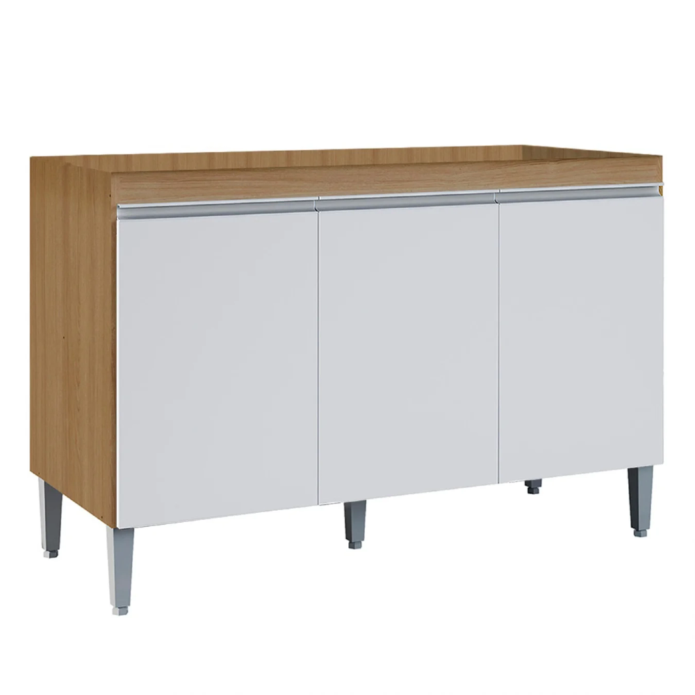 Balcão de Cozinha Para Pia 120cm 3 Portas Manu Amêndoa/Branco - AJL Móveis