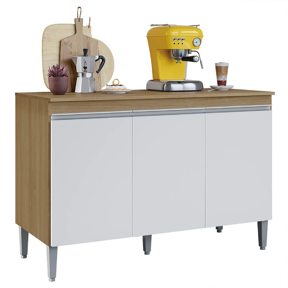 Balcão de Cozinha com Tampo 120cm 3 Portas Manu Amêndoa/Branco - AJL Móveis