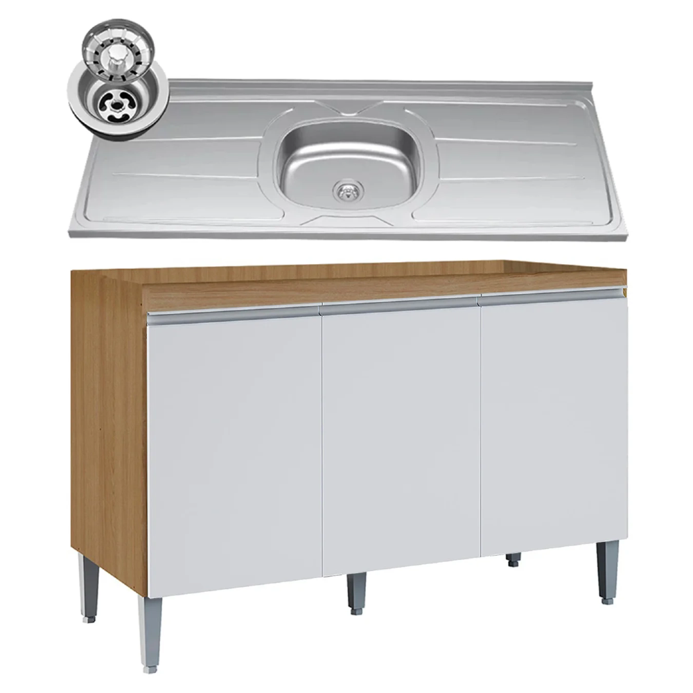 Balcão de Cozinha com Pia Inox 120cm Manu Amêndoa/Branco    - AJL Móveis