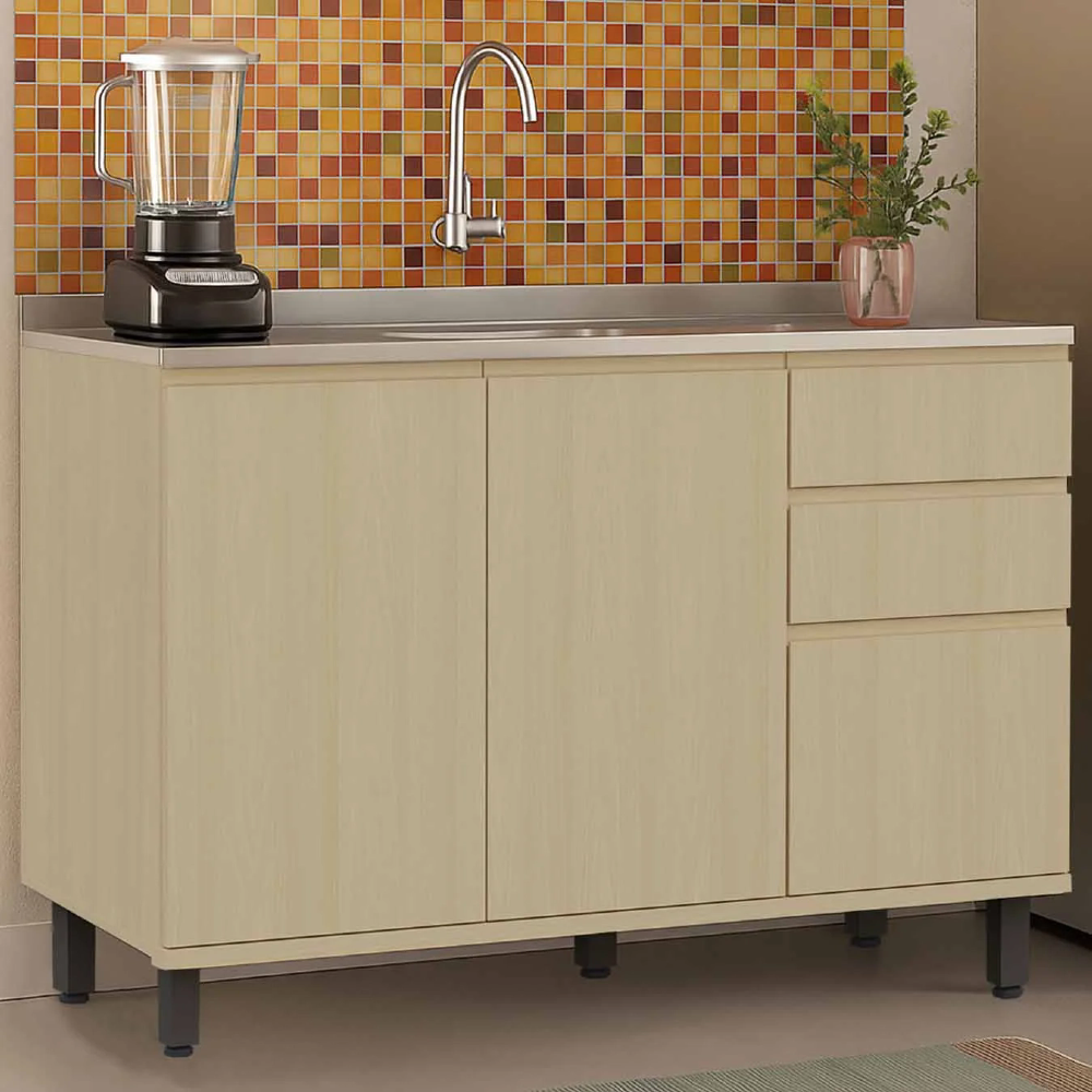 Balcão de Cozinha Com Pia Inox 120cm Pierre Carvalho L01 - Mpozenato