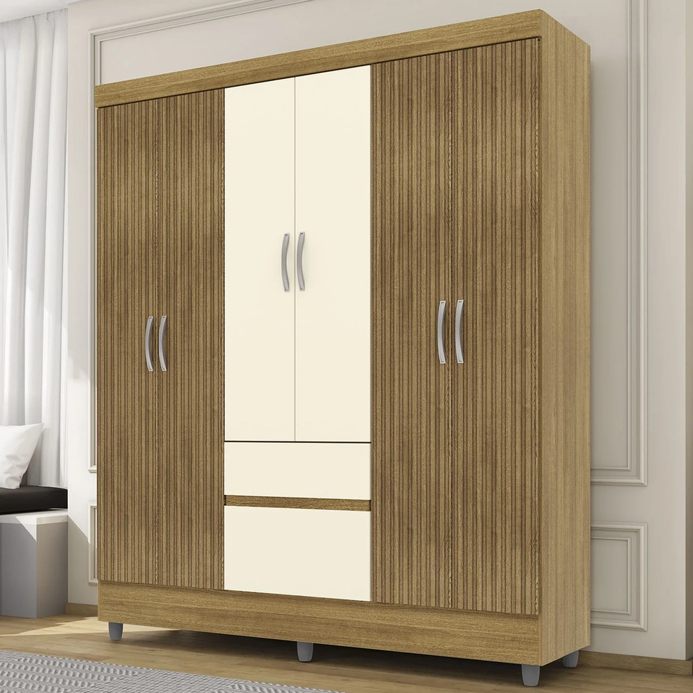 Guarda Roupa Solteiro 154cm Com 6 Portas Mayra Nature/Champanhe V02 - Mpozenato