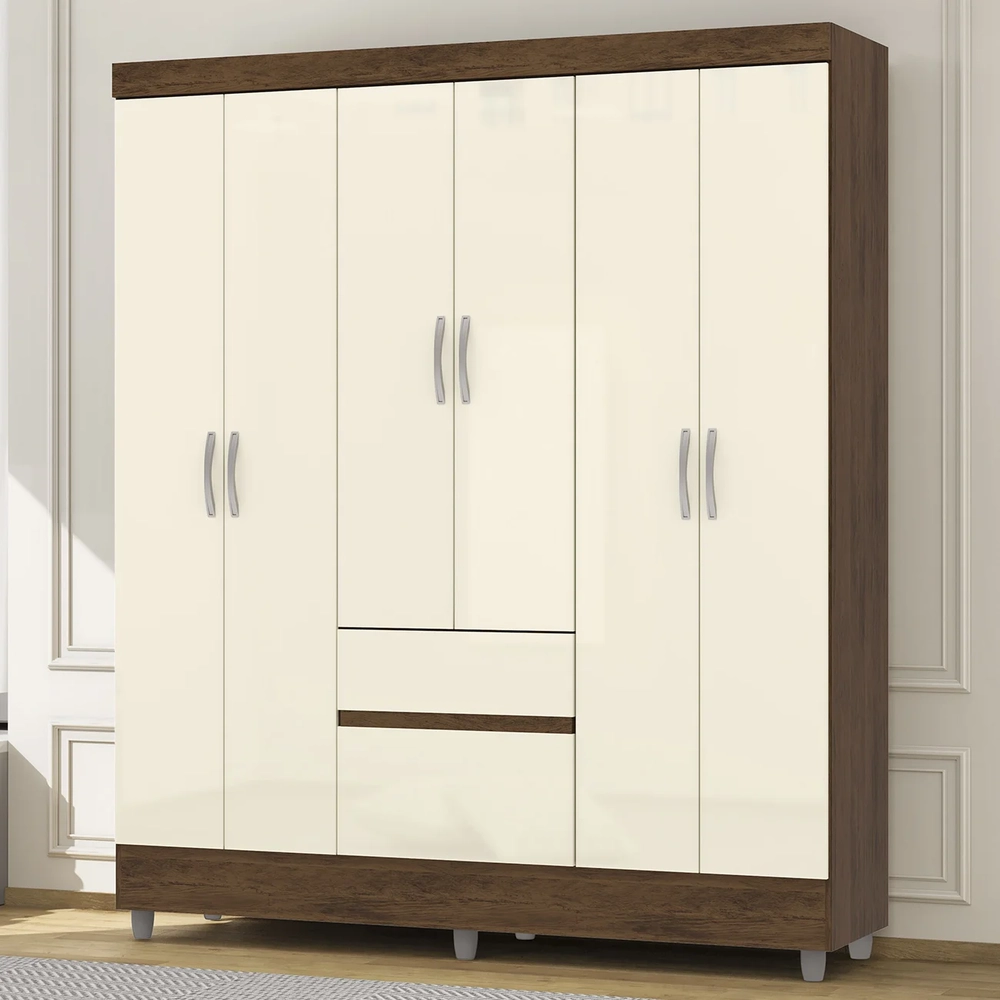 Guarda Roupa Solteiro 154cm Com 6 Portas Mayra Imbuia/Champanhe V02 - Mpozenato