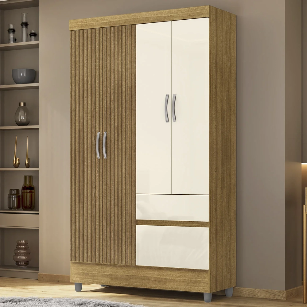 Guarda Roupa Solteiro 103cm Com 4 Portas Mayra Nature/Champanhe V02 - Mpozenato