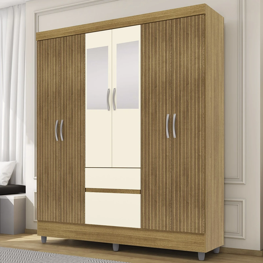 Guarda Roupa Solteiro 154cm Com Espelho Mayra Nature/Champanhe V02 - Mpozenato