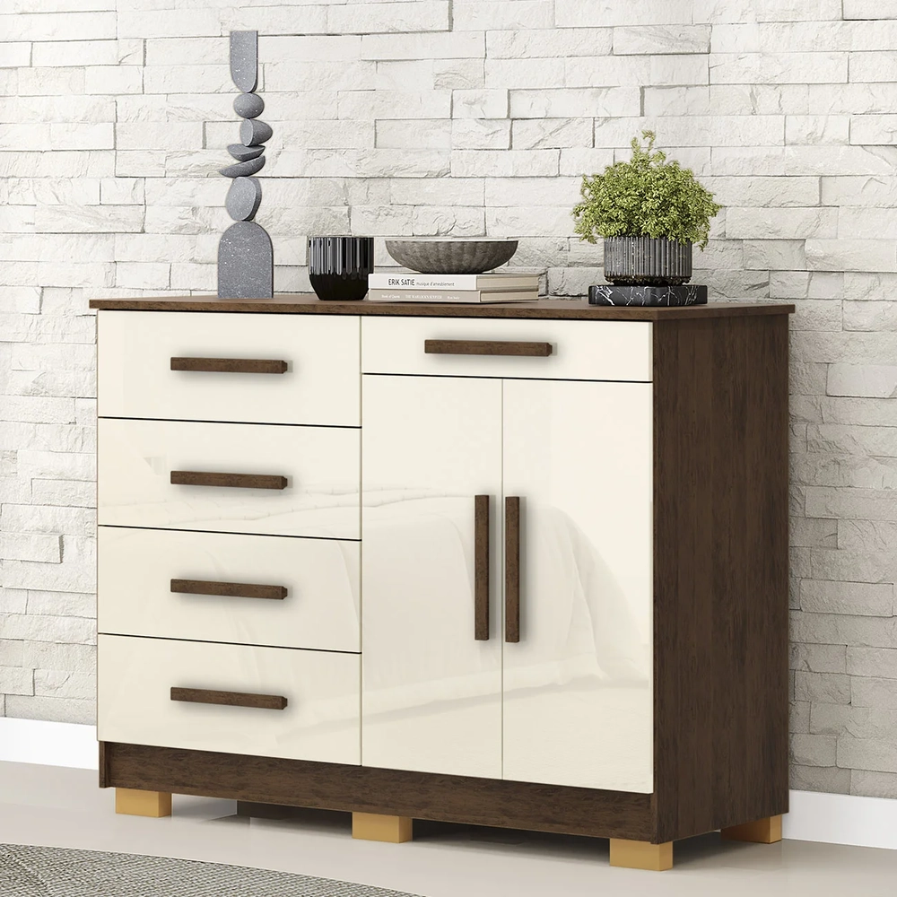 Cômoda Quarto Sapateira 2 Portas 4 Gavetas Lírio Imbuia/Champanhe V02 - Mpozenato