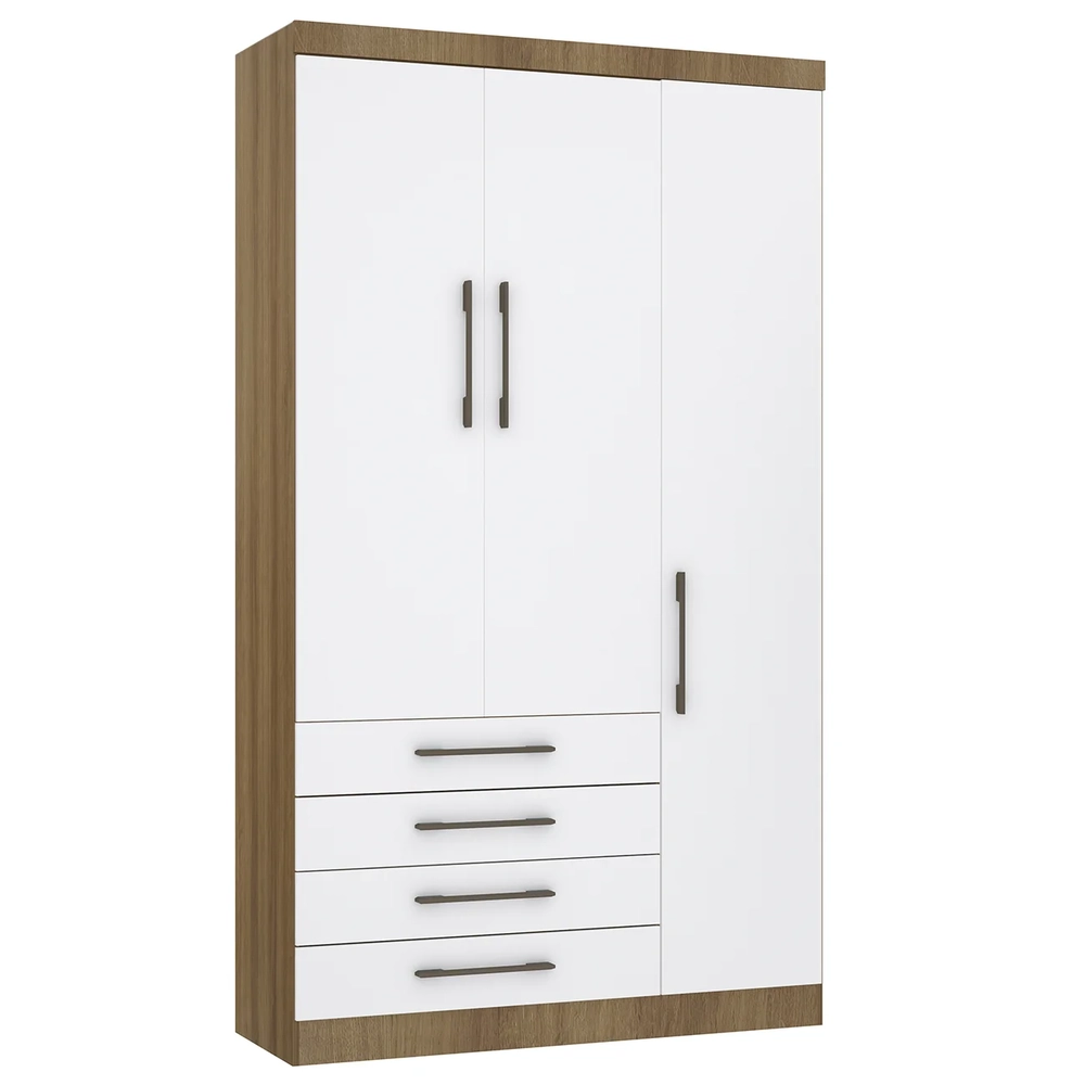 Guarda Roupa Solteiro 132cm 3 Portas 4 Gavetas Delphi Avelã/Branco L01 - Mpozenato
