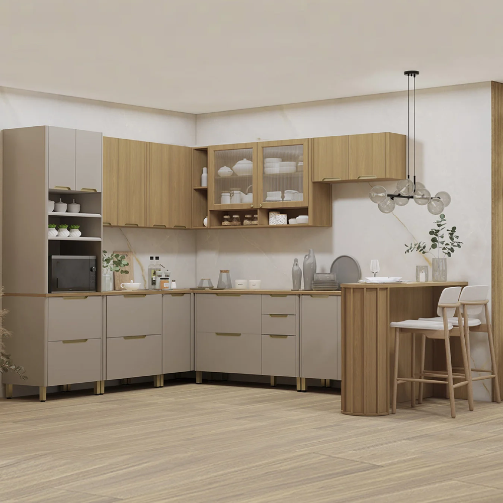 Armário Cozinha 10 Peças CP03 e Tampo Marina Cinammon/Freijó L01 - Mpozenato