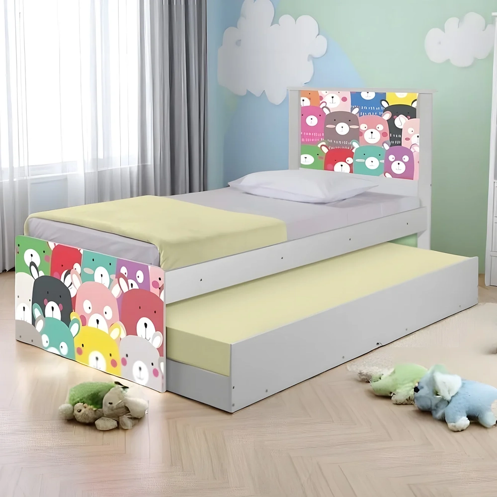 Cama Solteiro Infantil Com Auxiliar 188x88cm Ursinhos K06 - Mpozenato