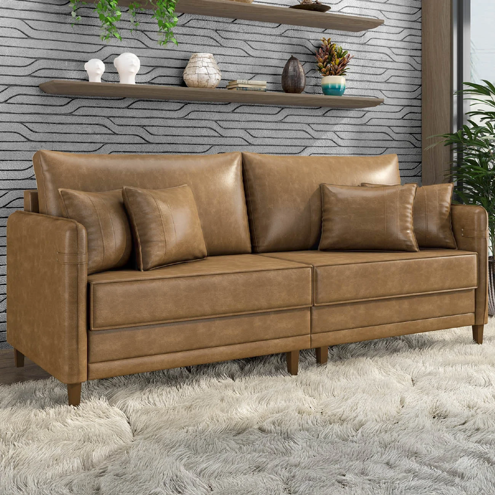 Sofá 3 Lugares Living 212cm Pé Madeira Zoe Sintético Camel Z08 - Mpozenato