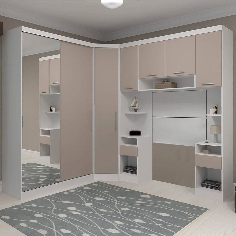 Guarda Roupa Solteiro Modulado Espelho CP06 Taiga Branco/Cinnamon L01 - Mpozenato