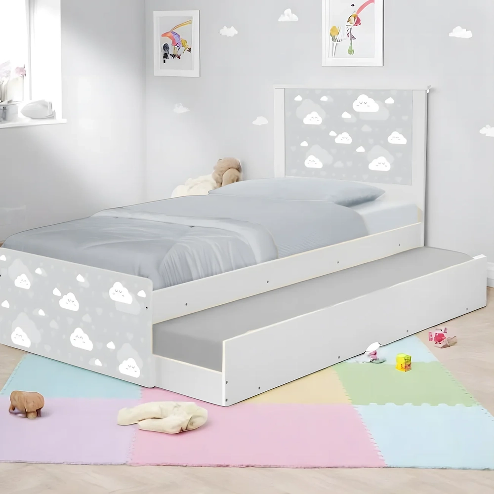 Cama Solteiro Infantil Com Auxiliar 188x88cm Nuvens K06 - Mpozenato