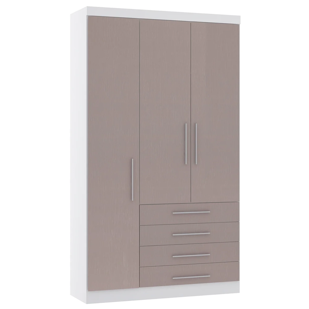 Guarda Roupa Solteiro 132cm 3 Portas 4 Gavetas Taiga Branco/Cinnamon L01 - Mpozenato