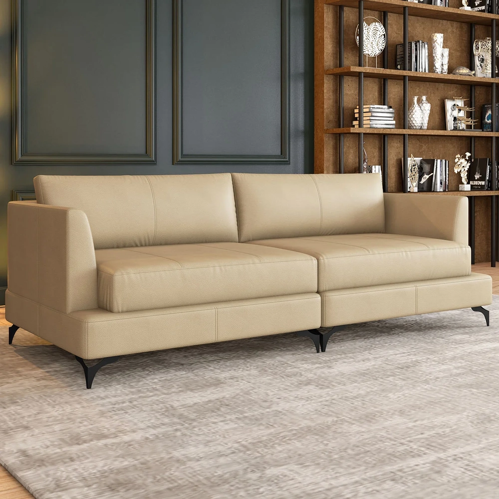 Sofá 2 Lugares Living 190cm Pé Ferro Soren Couro Bege Z55   - Mpozenato
