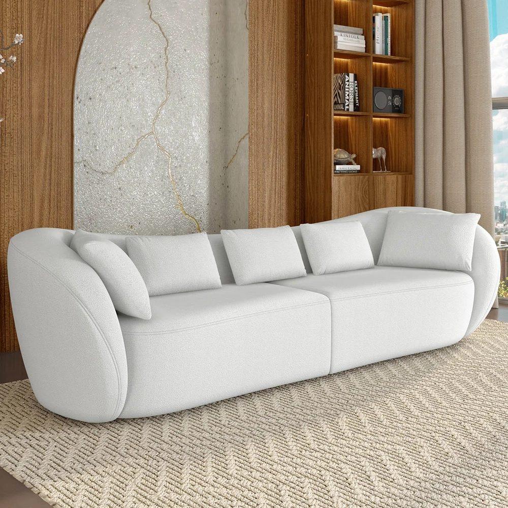 Sofá 3 Lugares 232cm Orgânico Pé Madeira Yume Bouclê Branco Z55 - Mpozenato