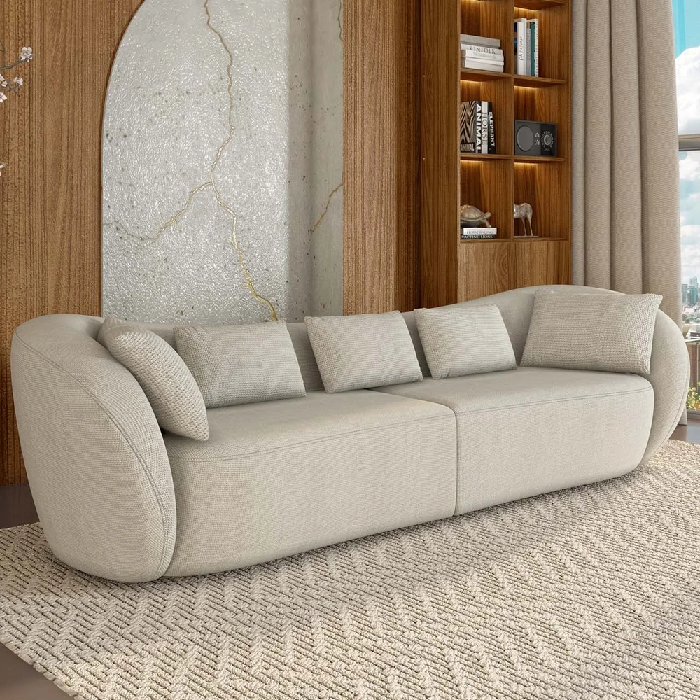Sofá 3 Lugares 252cm Orgânico Pé Madeira Yume Linho Off White Z55 - Mpozenato