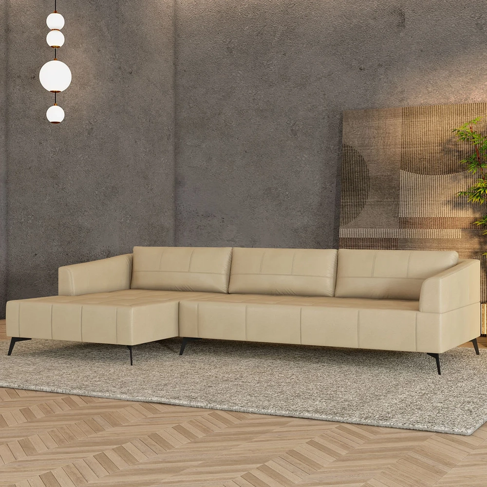 Sofá 5 Lugares 326cm Com Chaise Esquerdo Eko Couro Bege Z55 - Mpozenato