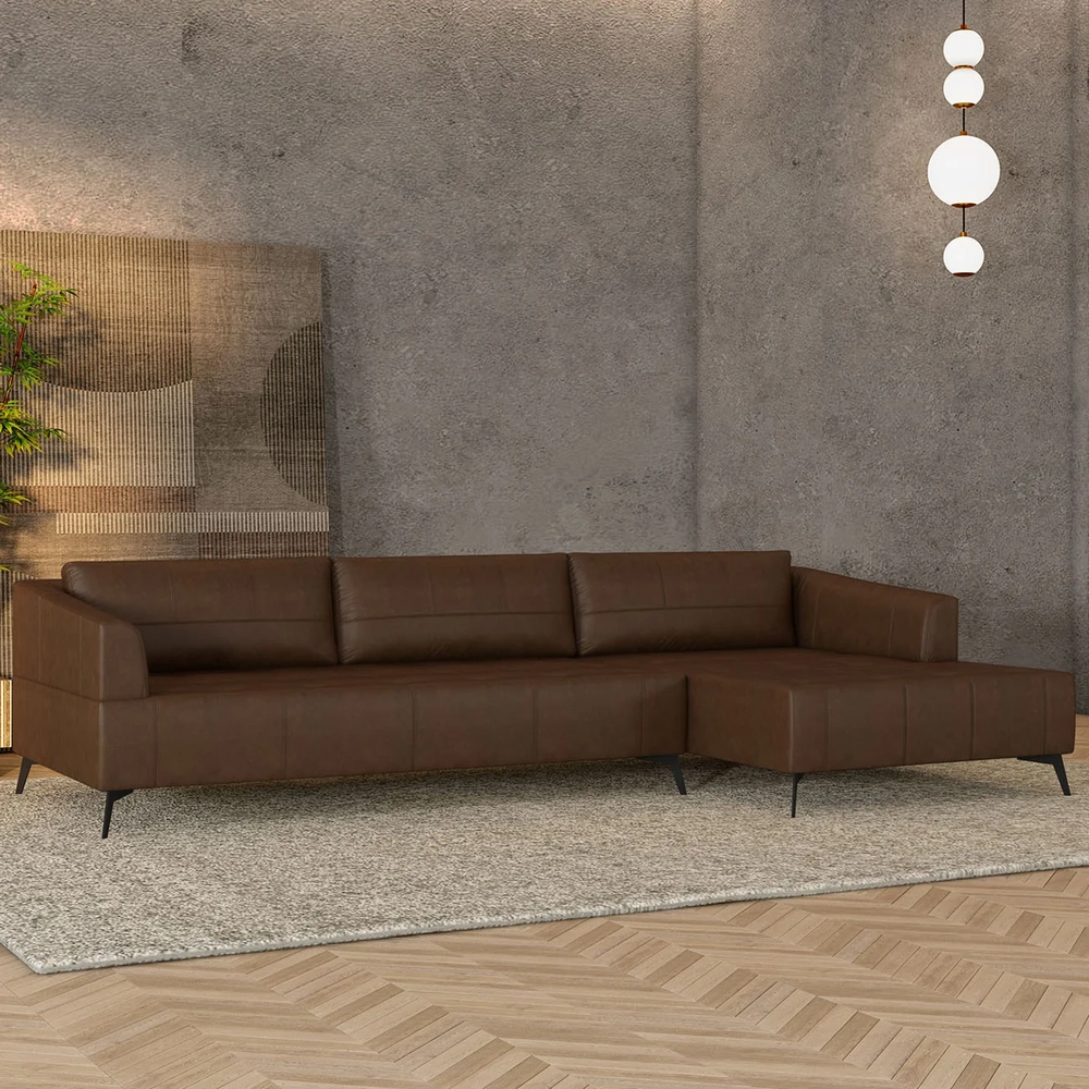 Sofá 5 Lugares 366cm Com Chaise Direito Eko Couro Caramelo Z55 - Mpozenato