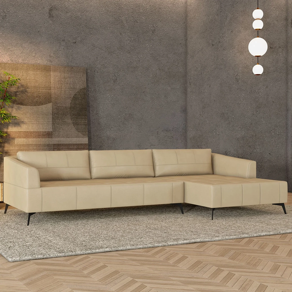 Sofá 5 Lugares 366cm Com Chaise Direito Eko Couro Bege Z55  - Mpozenato