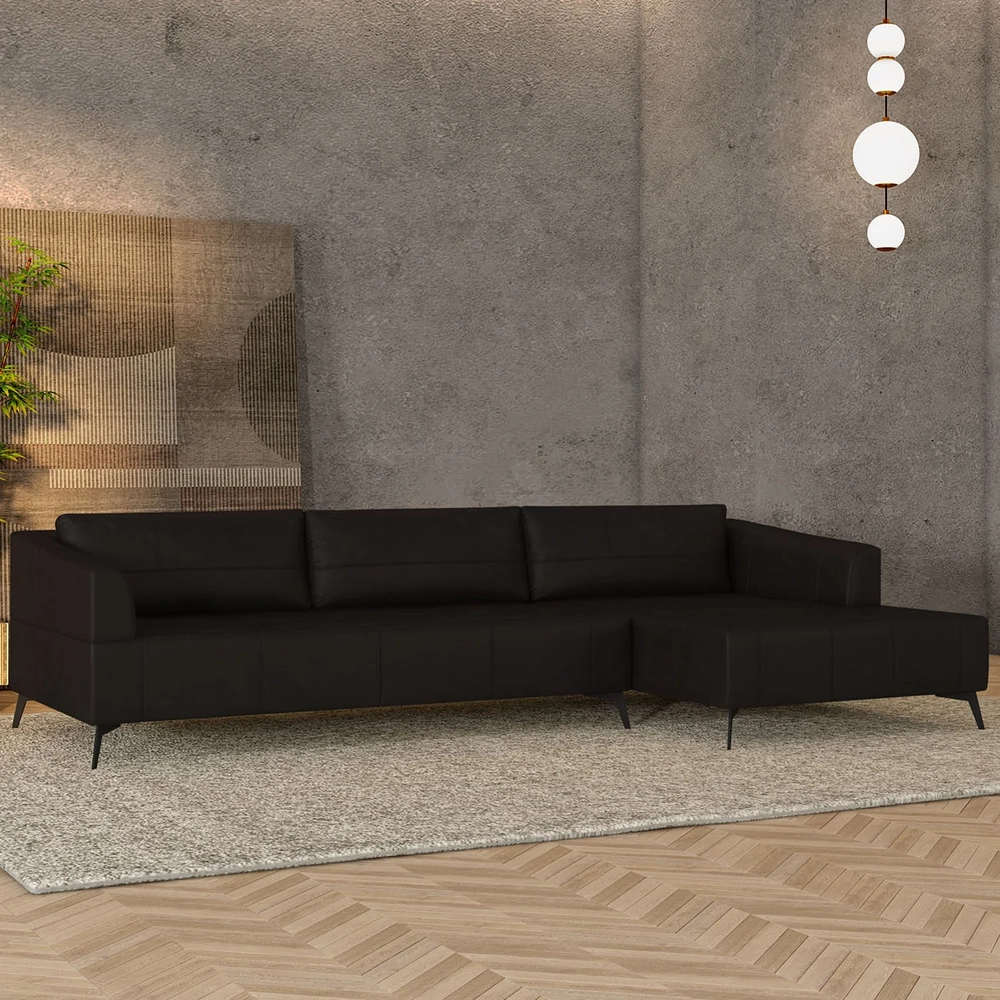 Sofá 5 Lugares 366cm Com Chaise Direito Eko Couro Bordô Z55 - Mpozenato