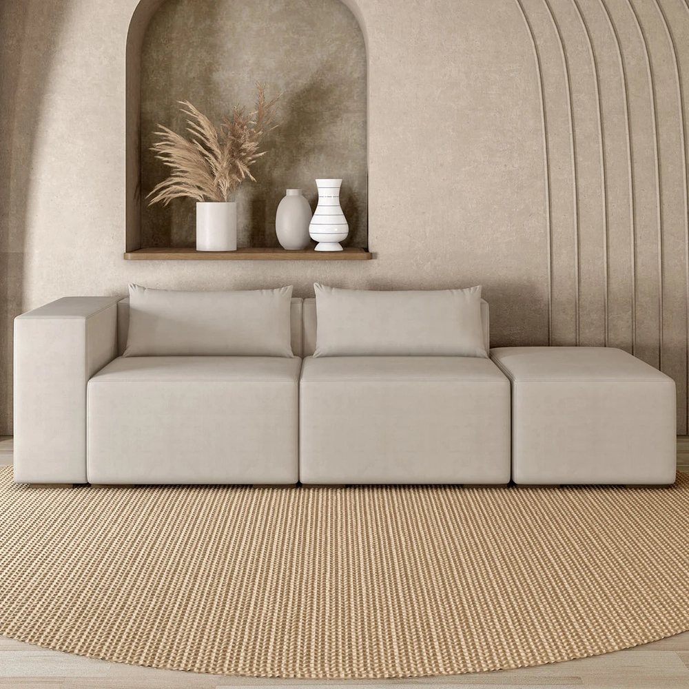 Sofá 4 Lugares 323cm Com Puff Direito Fay Suede Bege Z55    - Mpozenato