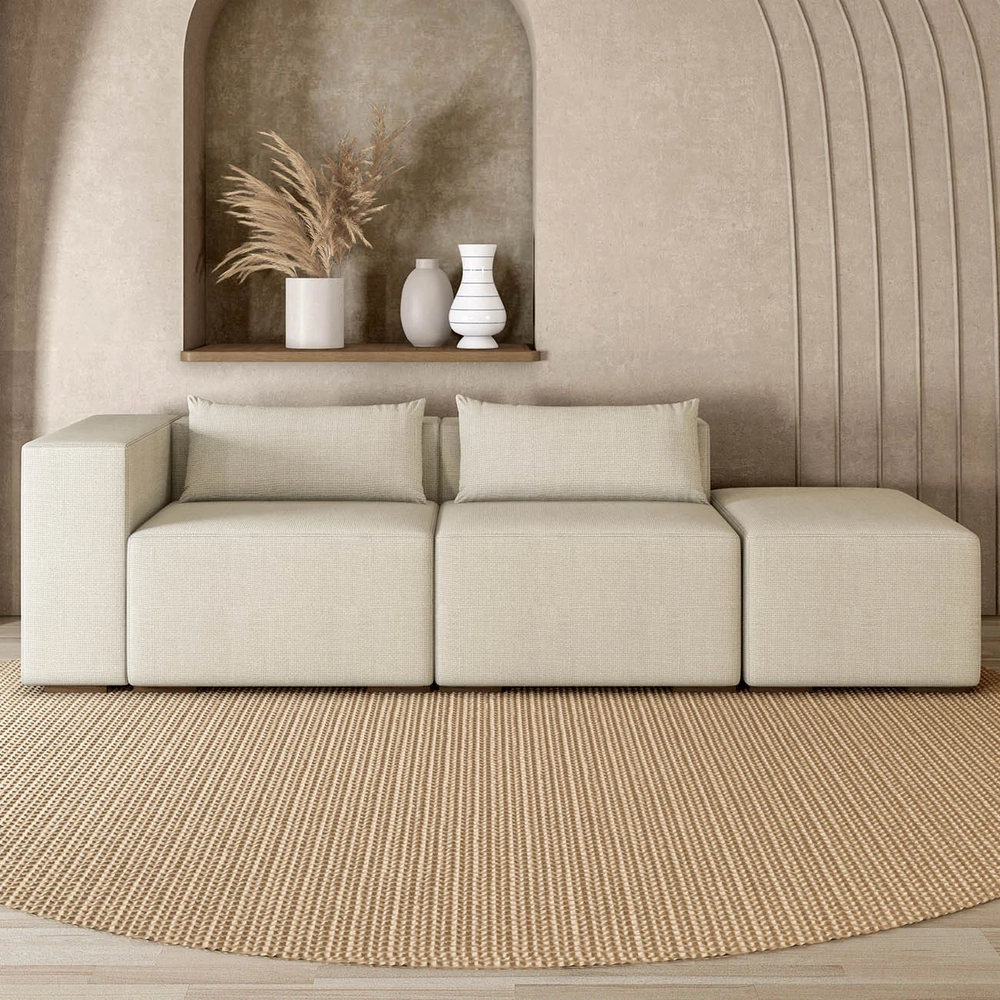 Sofá 5 Lugares 343cm Com Puff Direito Fay Linho Off White Z55    - Mpozenato