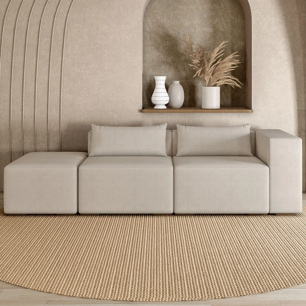 Sofá 5 Lugares 343cm Com Puff Esquerdo Fay Suede Bege Z55   - Mpozenato