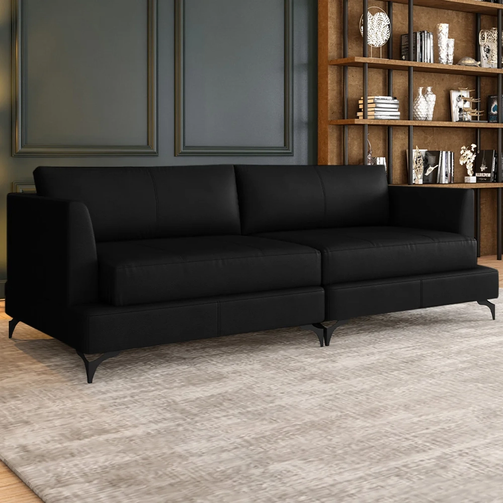 Sofá 3 Lugares Living 250cm Pé Ferro Soren Couro Preto Z55 - Mpozenato