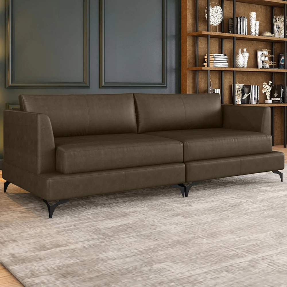 Sofá 2 Lugares Living 190cm Pé Ferro Soren Couro Castanho Z55 - Mpozenato
