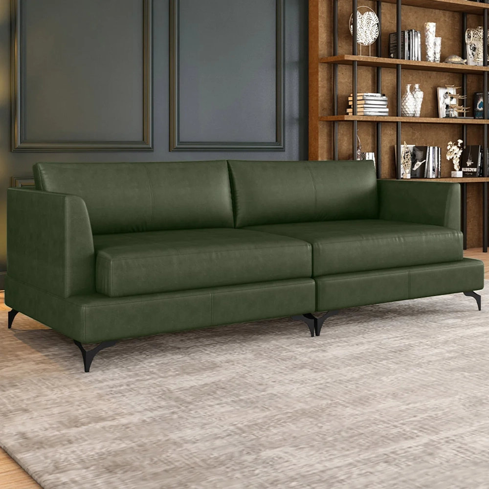 Sofá 3 Lugares Living 230cm Pé Ferro Soren Couro Verde Z55 - Mpozenato