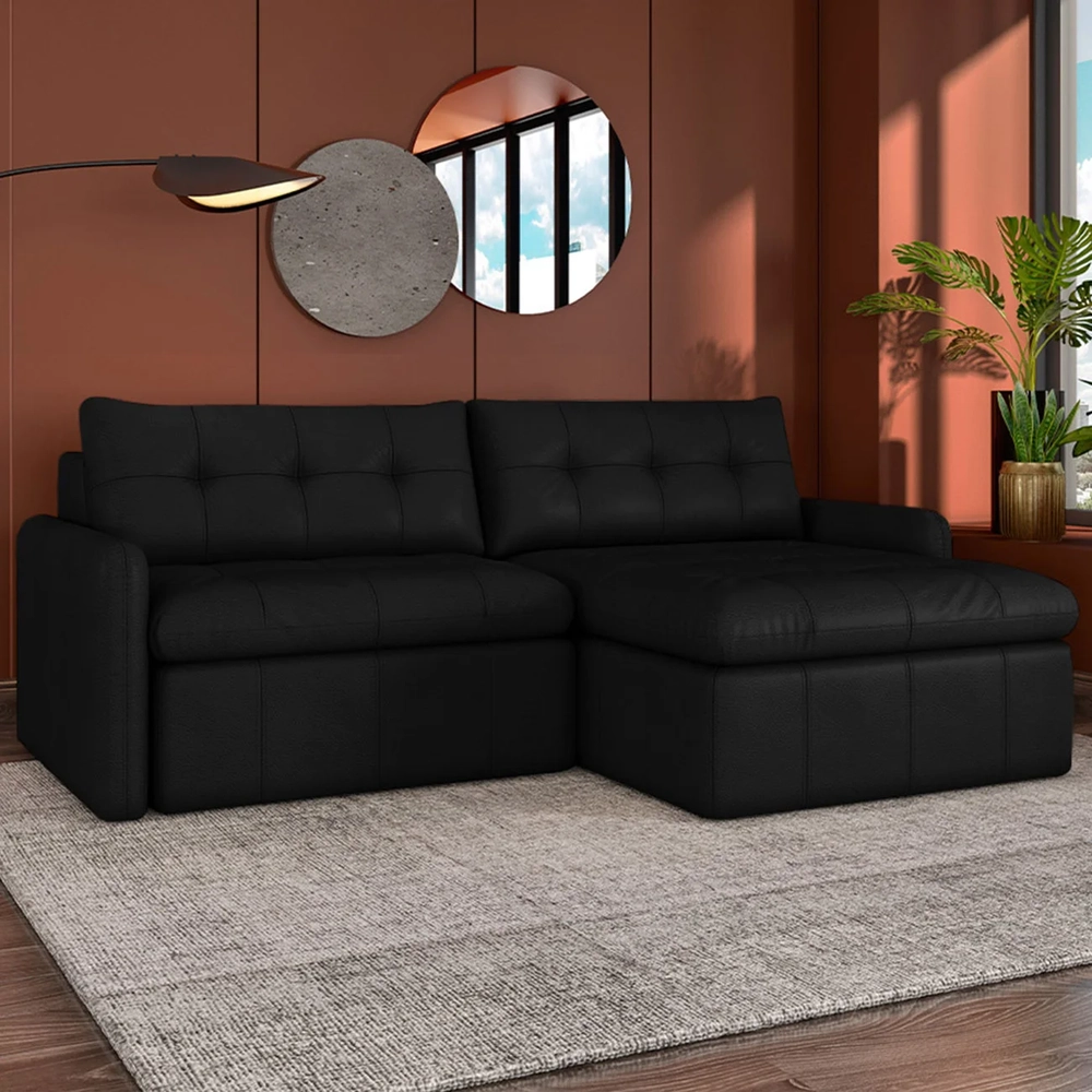 Sofá Retrátil 3 Lugares Para Sala 204cm Elios Couro Preto Z55 - Mpozenato