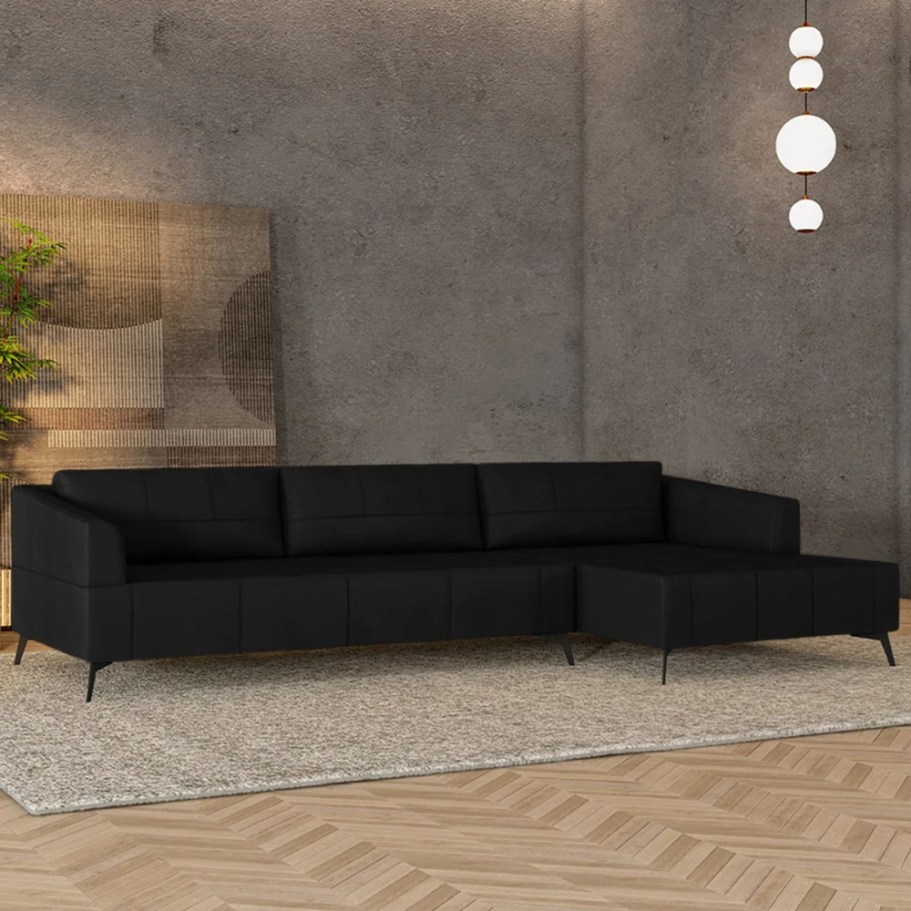 Sofá 4 Lugares 306cm Com Chaise Direito Eko Couro Preto Z55 - Mpozenato