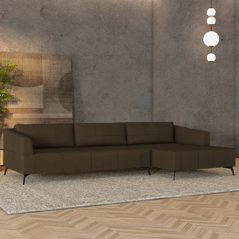 Sofá 5 Lugares 326cm Com Chaise Direito Eko Couro Capuccino Z55 - Mpozenato