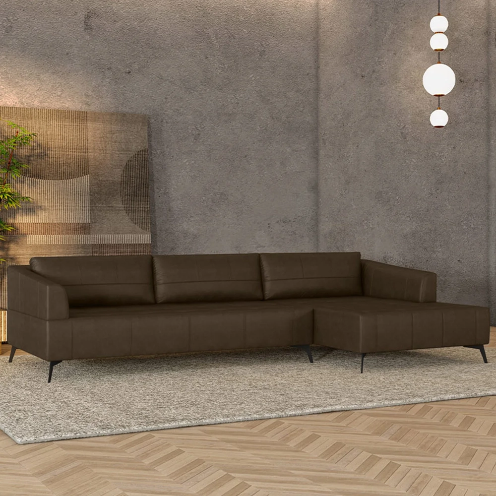 Sofá 5 Lugares 346cm Com Chaise Direito Eko Couro Castanho Z55 - Mpozenato