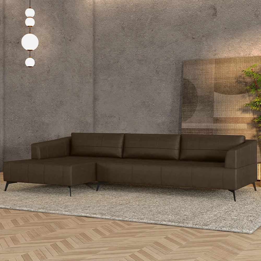 Sofá 4 Lugares 286cm Com Chaise Esquerdo Eko Couro Castanho Z55 - Mpozenato