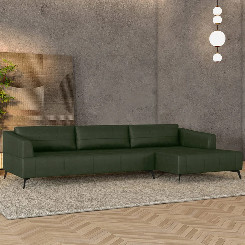 Sofá 5 Lugares 366cm Com Chaise Direito Eko Couro Verde Z55 - Mpozenato