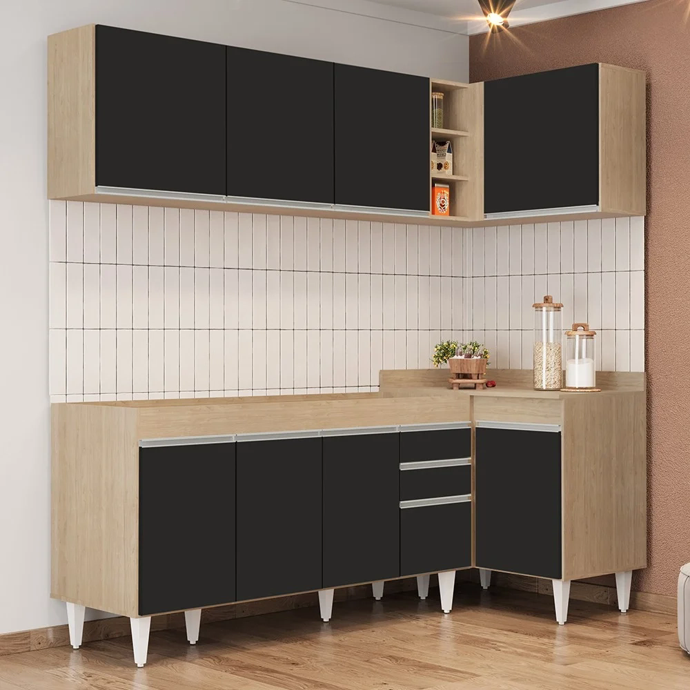 Armário de Cozinha Modulado de Canto Esquerdo 4 Peças CP49 Balcão sem Tampo Castanho/Preto - Lumil