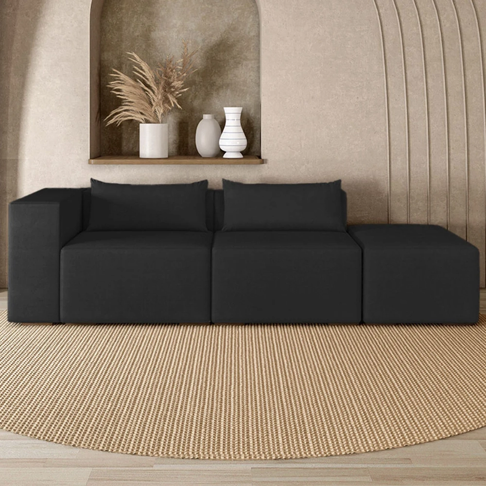 Sofá 4 Lugares 323cm Com Puff Direito Fay Veludo Preto Z55 - Mpozenato