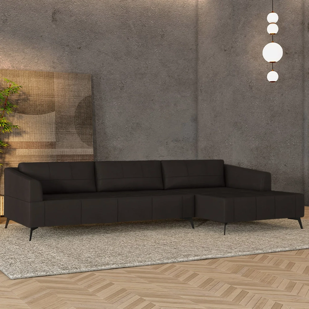 Sofá 4 Lugares 306cm Com Chaise Direito Eko Couro Marrom Z55 - Mpozenato